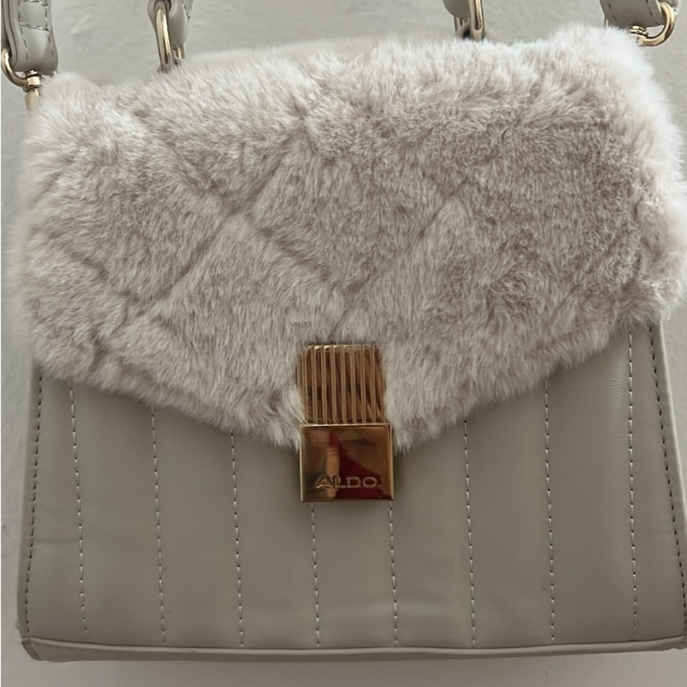 Aldo Beige and Gold Shoulder Bag with Faux Fur